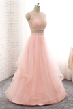 Pink See Through Tulle Beading Strapless Two Piece Prom Dress