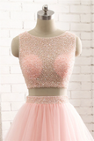 Pink See Through Tulle Beading Strapless Two Piece Prom Dress
