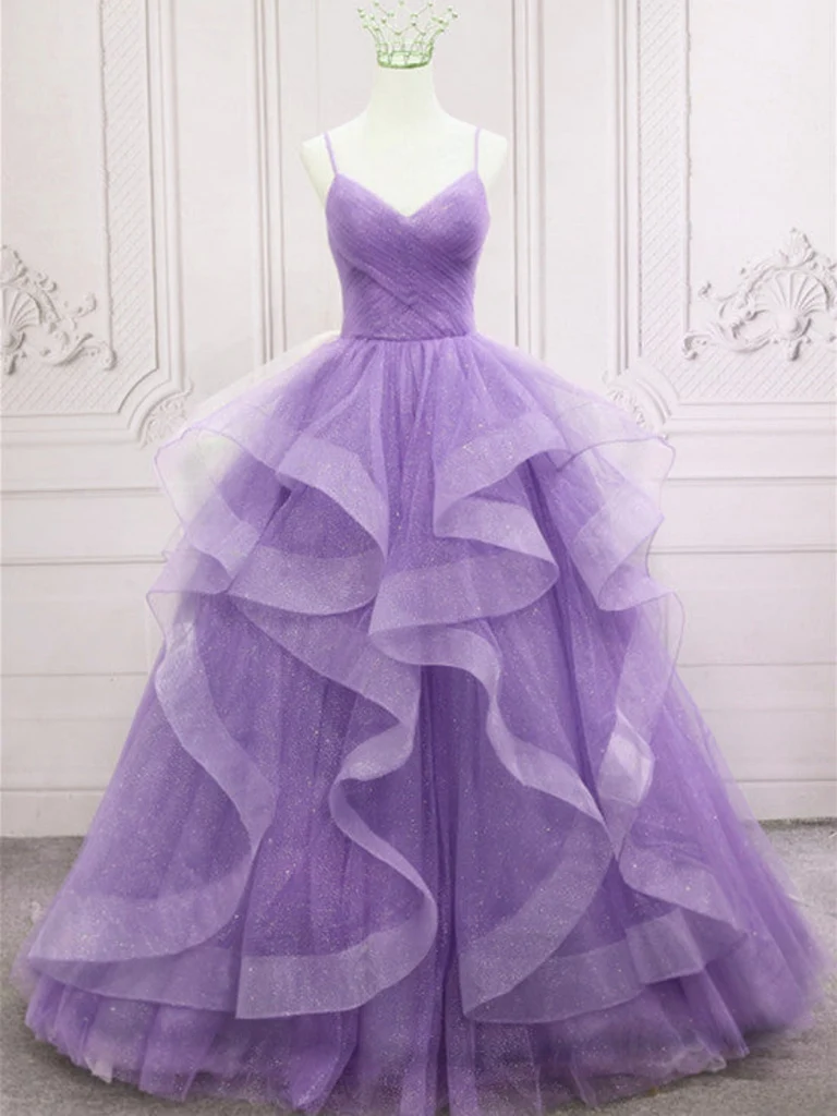Purple Tulle Long Prom Dress, A-Line Spaghetti Strap Evening Gown US 12 / Purple Purple Tulle Long Prom Dress, A-Line Spaghetti Strap Evening Gown US 12 / Purple