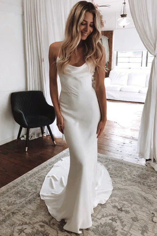 Spaghetti Straps Satin Mermaid Beach Wedding Dress