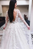 Ivory V Neck Long Sleeves  Appliques Wedding Dress