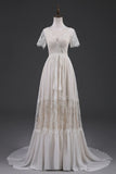 Open Back Short Sleeves V-neck  Lace Beach Wedding Dress