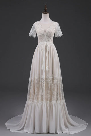 Open Back Short Sleeves V-neck  Lace Beach Wedding Dress