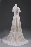 Open Back Short Sleeves V-neck  Lace Beach Wedding Dress