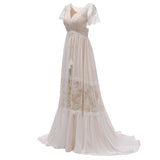 Open Back Short Sleeves V-neck  Lace Beach Wedding Dress