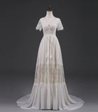 Open Back Short Sleeves V-neck  Lace Beach Wedding Dress