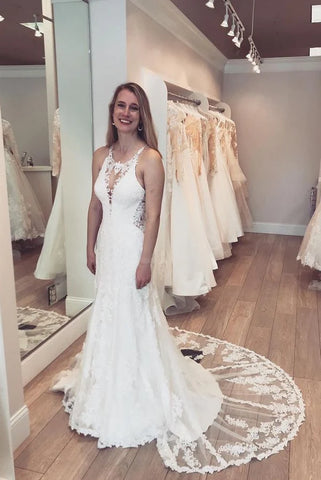 Lace Jewel Neck Trumpet Mermaid Wedding Dress