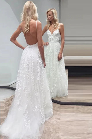 Spaghetti Straps Backless Lace Open Back Wedding Dress