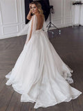 V Neck Tulle Backless A Line Sexy Sweep Train Wedding Dress