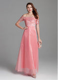 Embroidery Tulle Off-the-shoulder Pink A-line Prom Dress