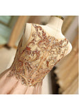 Satin Jewel Beading Long Pink A-line Prom Dress