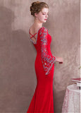 Satin V-neck Red Long Sleeve Mermaid Evening Dress