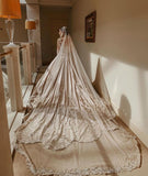 Long Sleeves Beading Appliques Sweep Train Luxury A Line Wedding Dress