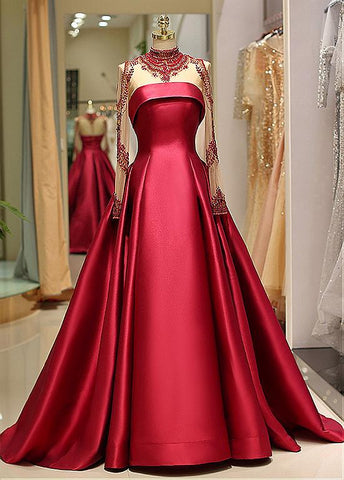 Satin High Collar long Sleeve Beading Prom Evening Dress