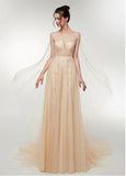 Scoop Tulle Champagne Long A-line Prom Dress