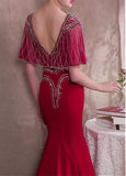 Satin V-neck Burgundy Mermaid Evening Dress With Beadings