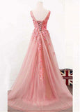 Tulle V-neck Handmade Flowers Pink Prom Dress