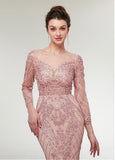 Lace Jewel Long Sleeve Pink Mermaid Evening Dress