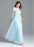 Embroidery Lace & Tulle Bateau Long Sleeve A-line Prom Dress