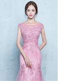 Lace Appliques Tulle Jewel Pink Mermaid Prom Dress