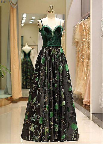 Satin Spaghetti Straps  Fleece & Embroidery Evening Dress