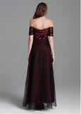 Tulle Off-the-shoulder Sequins Burgundy Evening Dress
