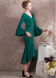 Satin V-neck Green Hi-lo Mermaid Formal Dress With Belt