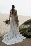 V Neck Long Sleeves Lace Beach Sheer Wedding Dress
