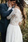V Neck Long Sleeves Lace Beach Sheer Wedding Dress