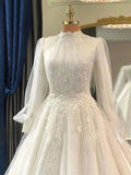 High Neck Long Sleeves Tulle Appliques Wedding Dress