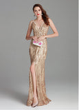 Sequin Lace V-neck Gold Embroidery Mermaid Prom Dress