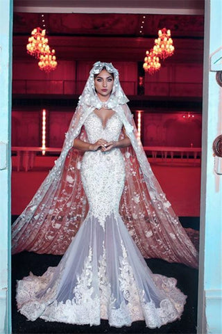 Lace Mermaid Beads Straps Appliques Wedding Dress with Court Train