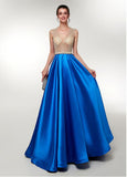 Satin V-neck Beading Long Prom Evening Dress