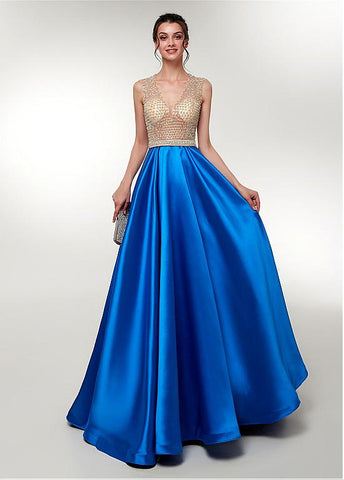 Satin V-neck Beading Long Prom Evening Dress