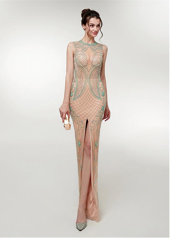 Champagne Jewel Beading Long Slit Mermaid Prom Dress Sassymyprom Champagne Jewel Beading Long Slit Mermaid Prom Dress Sassymyprom