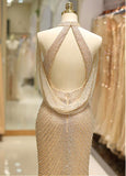 Tulle High Collar Backless Gold Mermaid Prom Dress