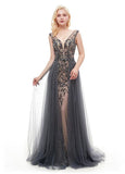 Rhinestones Gray Tulle V Neck Backless Prom Dress