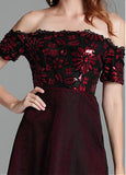 Tulle Off-the-shoulder Sequins Burgundy Evening Dress