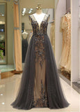 Tulle V-neck Gold Evening Dress With Beadings