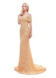 Lace Spaghetti Straps Gold Long Mermaid Evening Dress