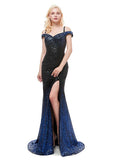 Sequin Spaghetti Straps Long Blue Mermaid Evening Dress
