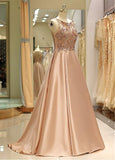 Satin Jewel Beading Long Pink A-line Prom Dress