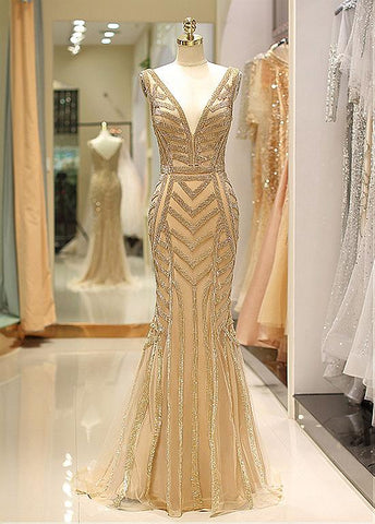 V-neck Gold Beading Long Mermaid Evening Dress