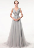 Tulle V-neck Gray Beading Backless A-line Prom Dress With Beadings