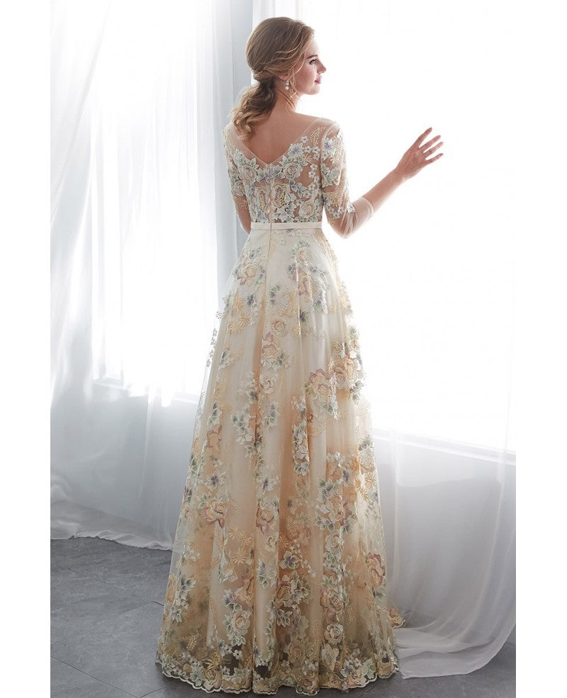 Long Sleeves Champagne Floral Lace Prom Dress Long Sleeves Champagne Floral Lace Prom Dress