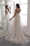 V Neck Lace Applique Boho Spaghetti Straps Wedding Dress