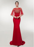 Spandex Jewel Red Half Sleeves Mermaid Evening Dress