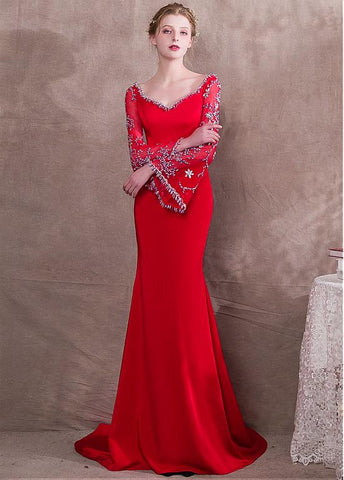 Satin V-neck Red Long Sleeve Mermaid Evening Dress