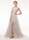 Tulle Spaghetti Straps Champagne Beading A-line Prom Dress