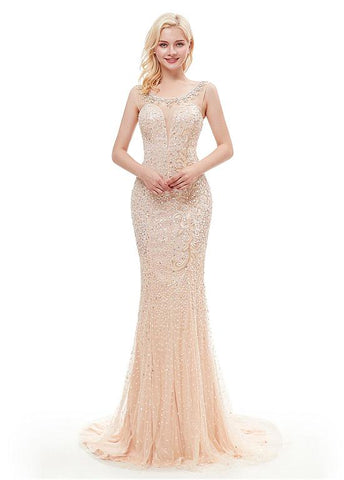 Champagne Satin Scoop Long Mermaid Evening Dress